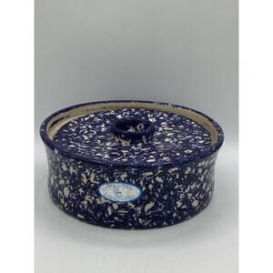 VTG Marshall Pottery 8” Crock With Lid Blue Sponge Speckled Stoneware